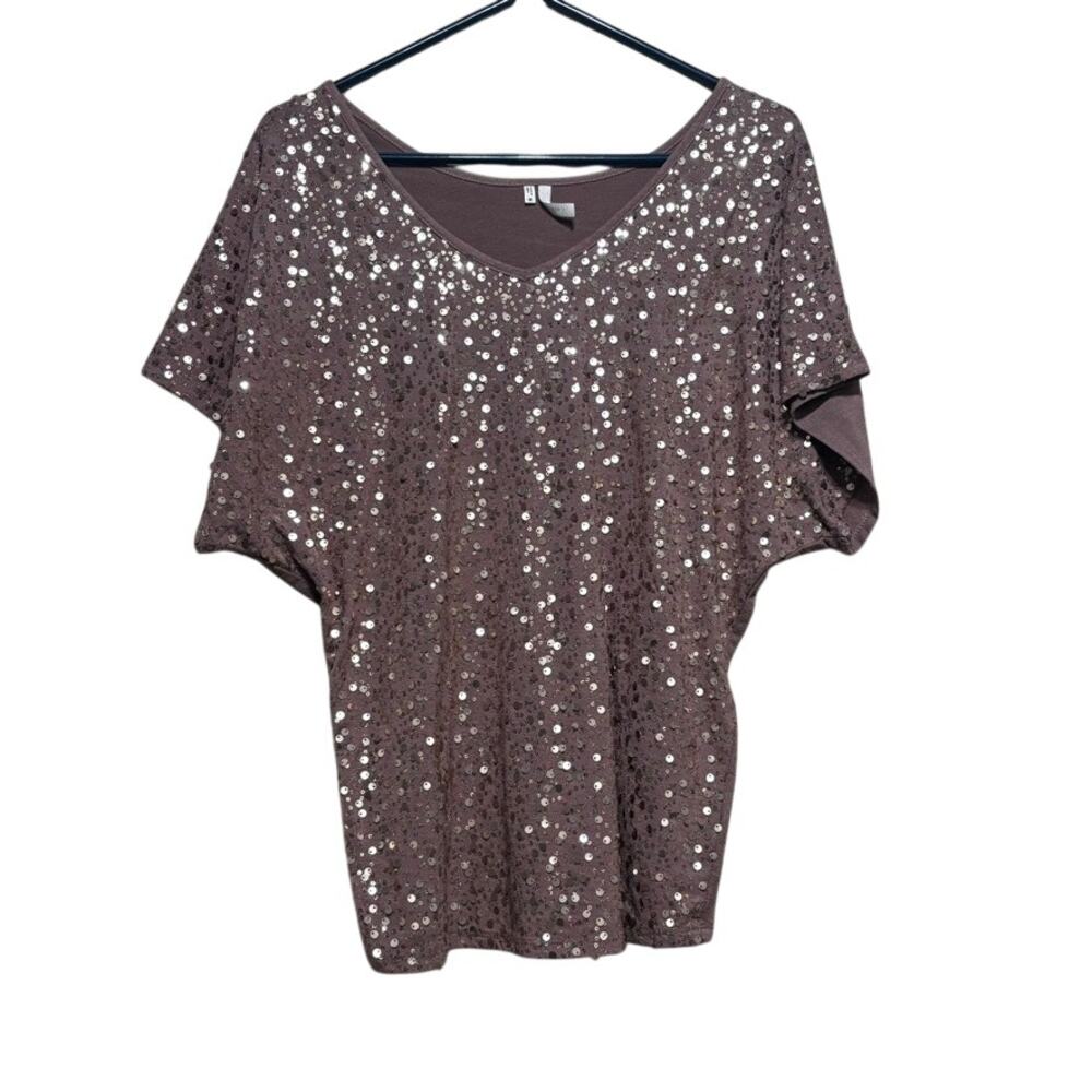 Studio Y Women's Medium Mauve Sequin V-Neck Dolman Sleeve Top Sparkly Party - Picture 1 of 7